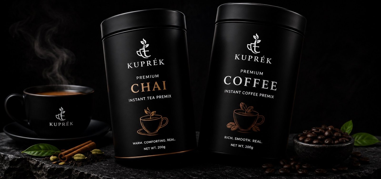 KUPRÉK chai and coffee collection with cup, coffee beans and cinnamon